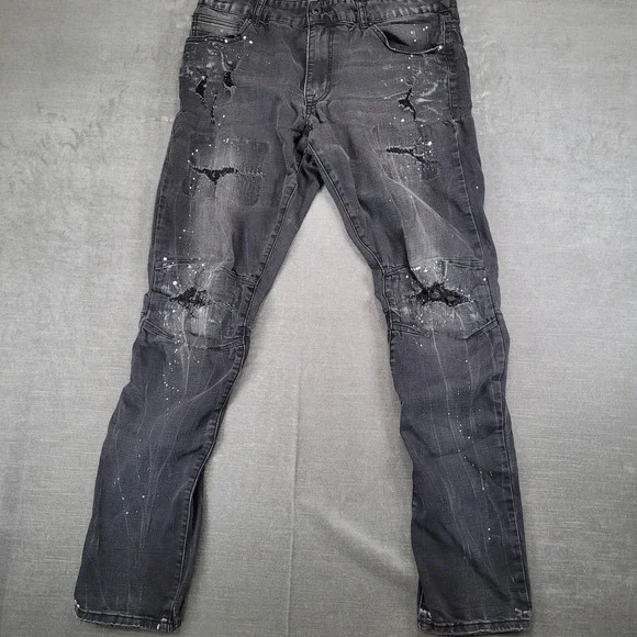 SMOKE RISE Mens Jeans Black Distressed Paint Splatter Moto Style 36x34 - Picture 1 of 7